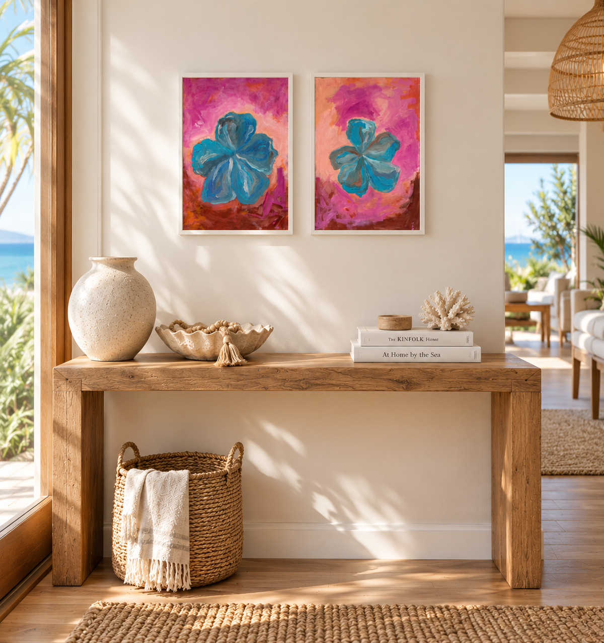 Abstract blue hibiscus paper painting x 2 hung in a coastal house hall way.