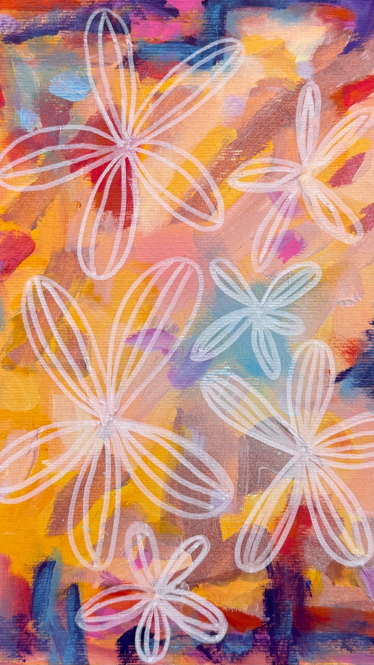 Detailed close up of colourful artwork featuring botanical linework by MZ LEW. 