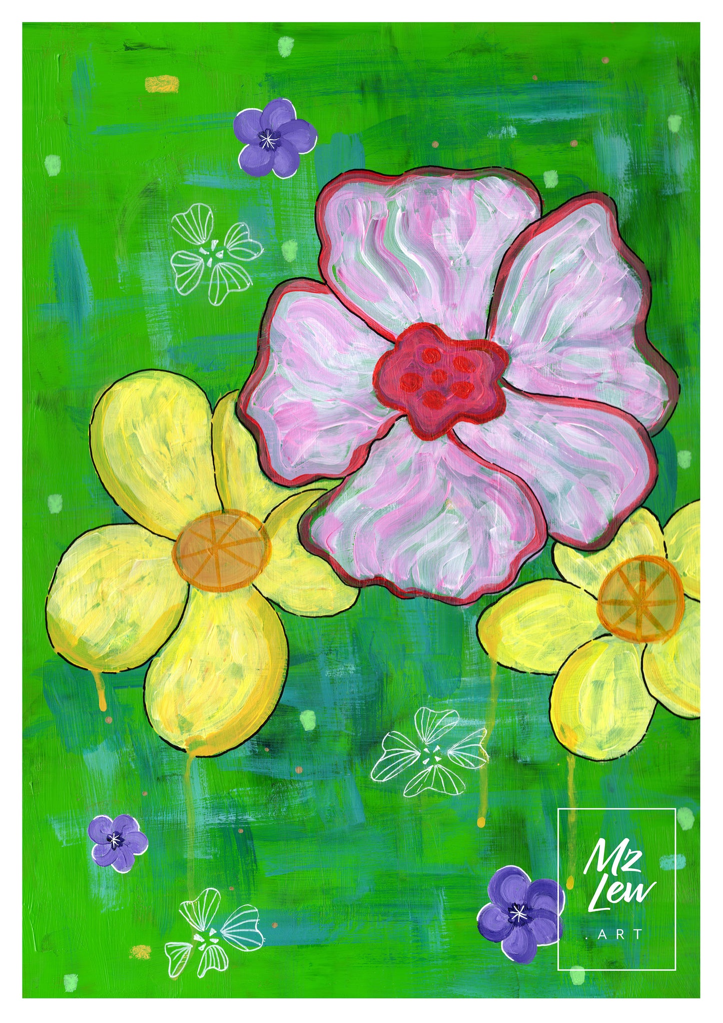 Fine art print artwork containing a pink hibiscus flower and two frangipani's on an abstract green background. Print by MZ LEW ART copyright 2024.