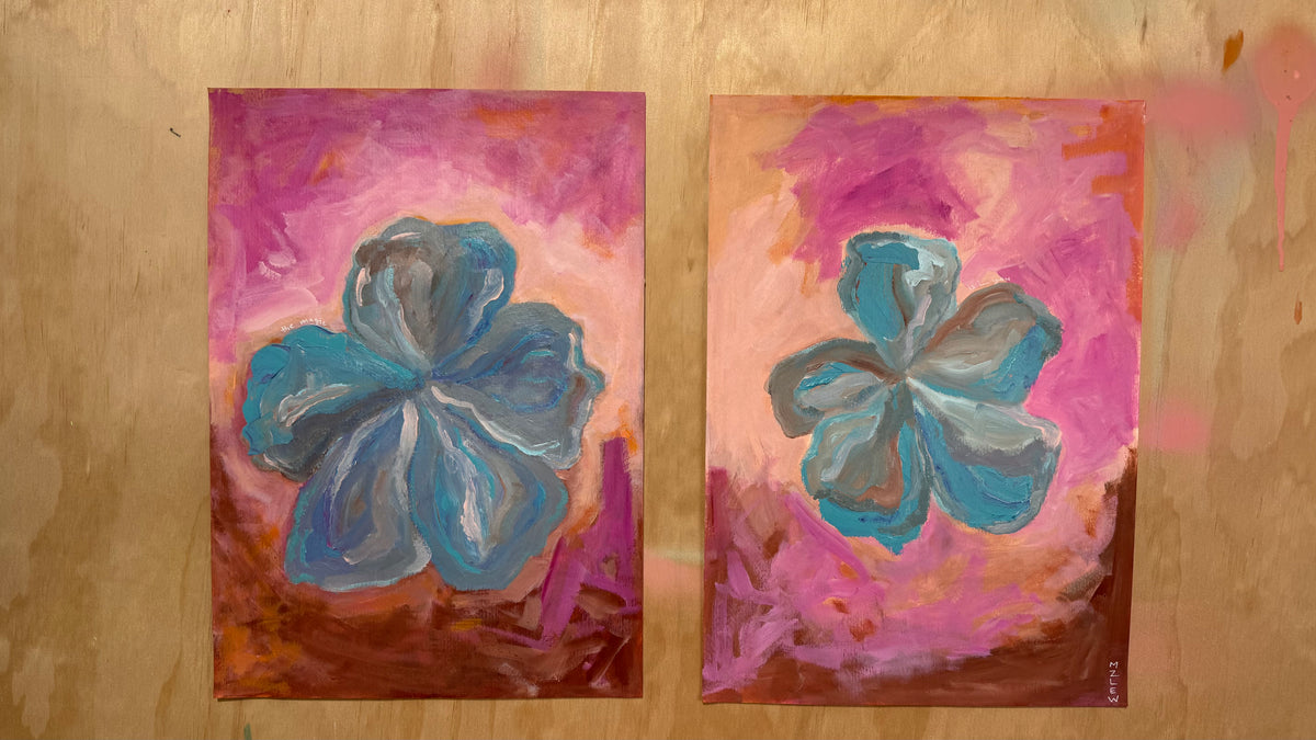 Abstract blue hibiscus paper painting x 2 by MZ LEW.