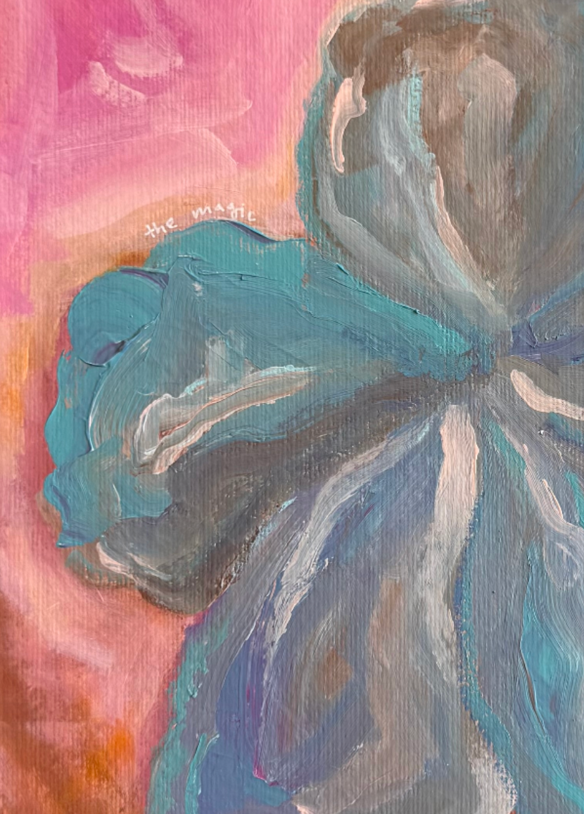 Close up of pink, brown and blue abstract floral paper artwork by MZ LEW. Copyright 2026. 