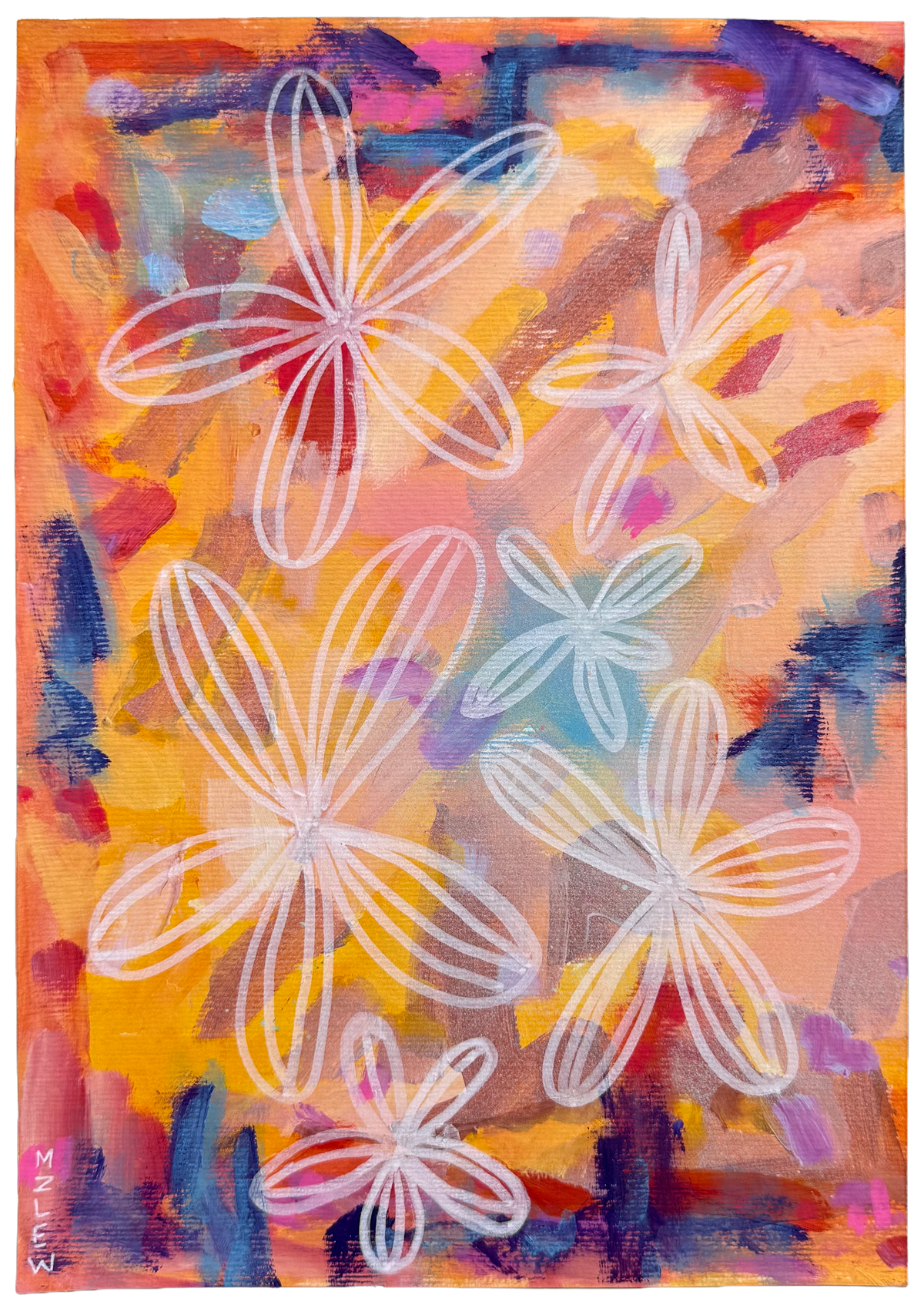 An abstract floral painting on avertical paper featuring white outlined flower shapes over a vibrant background of orange, yellow, pink and blue brushstrokes by MZ LEW.