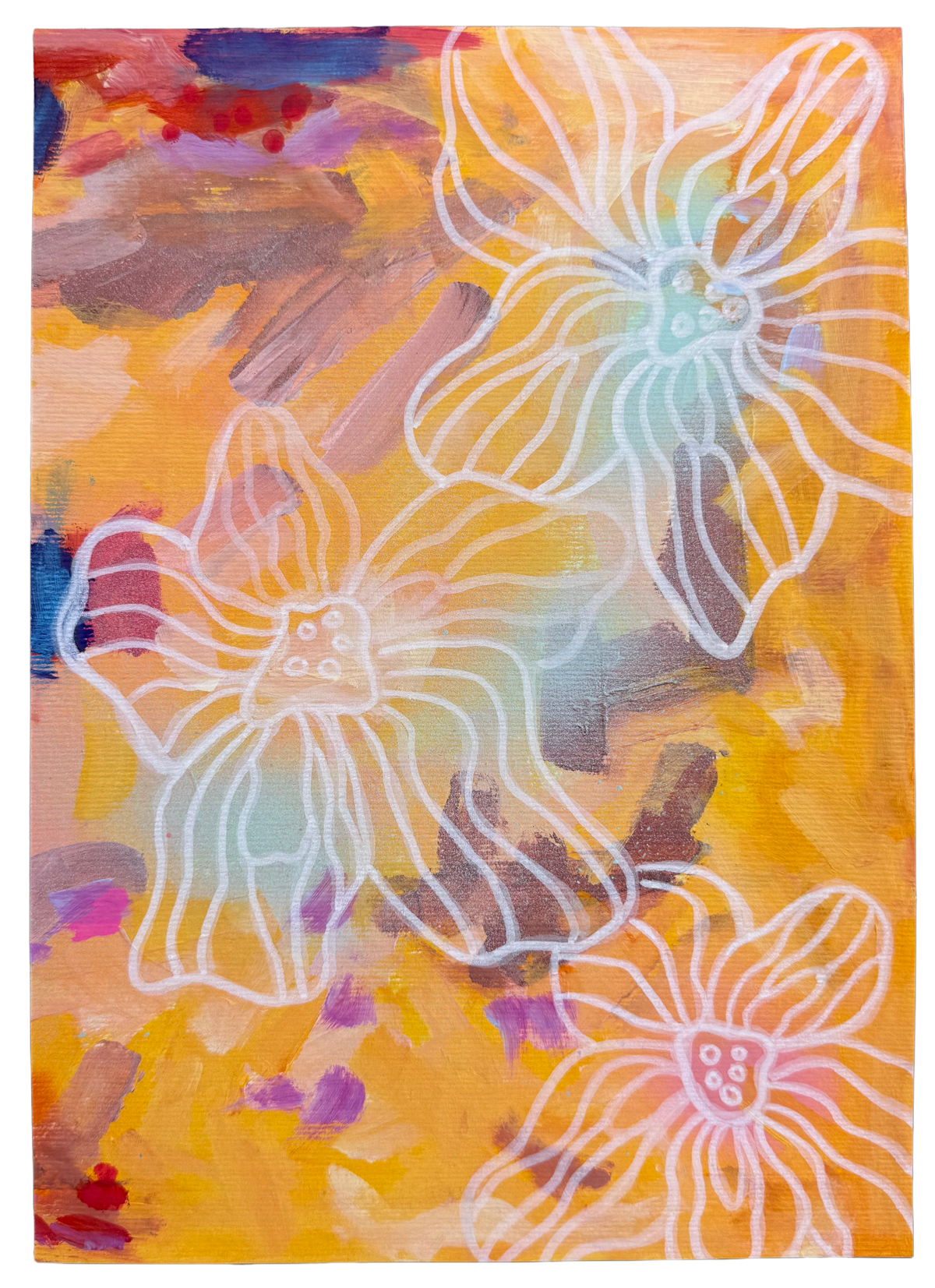 An abstract floral painting featuring three large white outlined flowers over a warm yellow, orange, and brown textured background with splashes of purple and blue. 2/2 by MZ LEW
