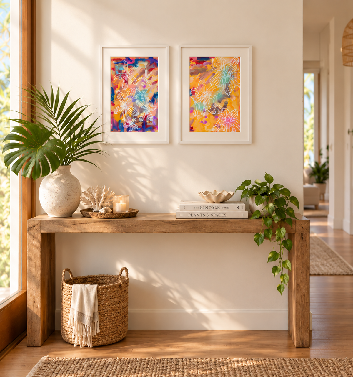 Blue, yellow, pink abstract paper painting with florals by MZ LEW. 2026. 
