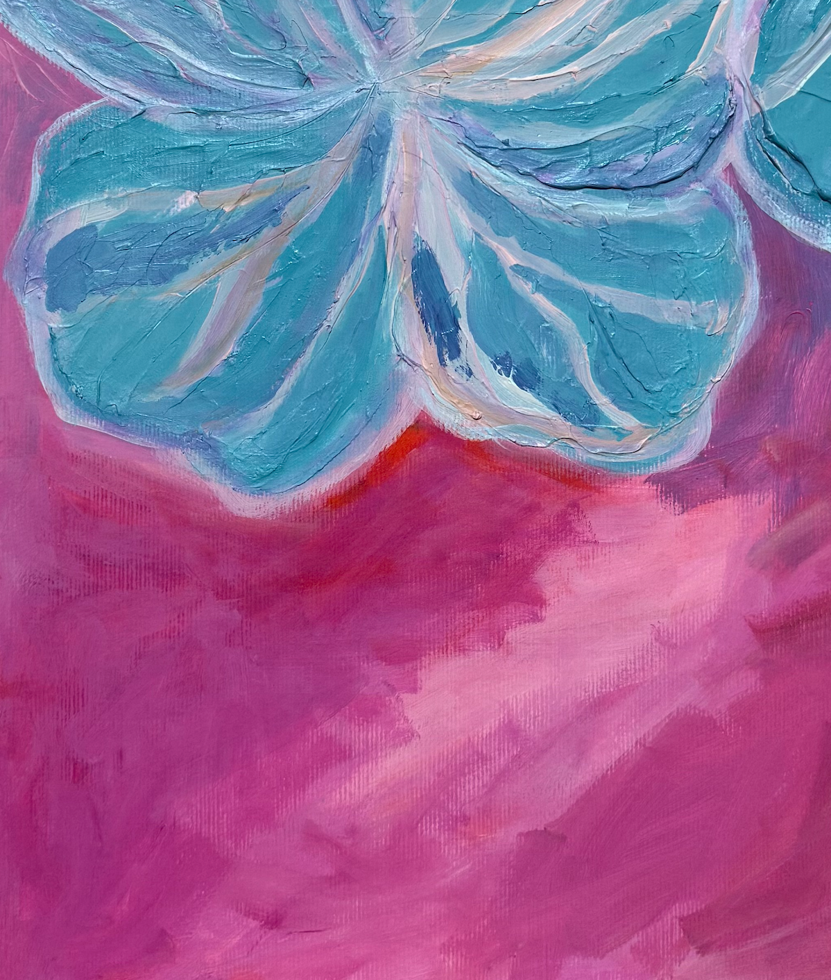 Close up detail of pink and blue abstract paper artwork by MZ LEW. 