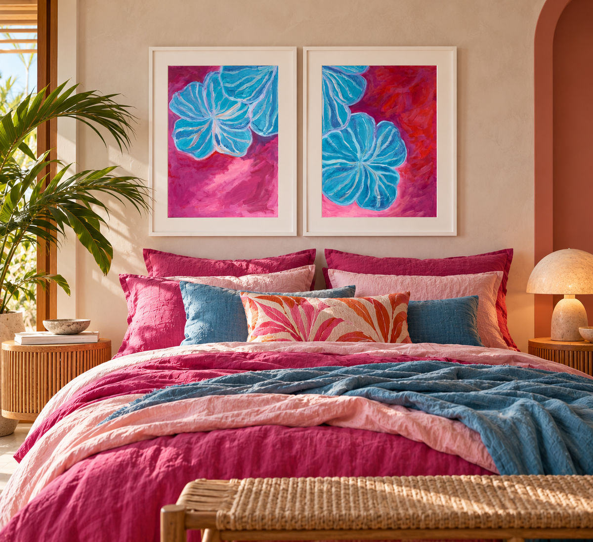 Blue, pink and purple abstract floral paper artwork by MZ LEW insitu in a bedroom.