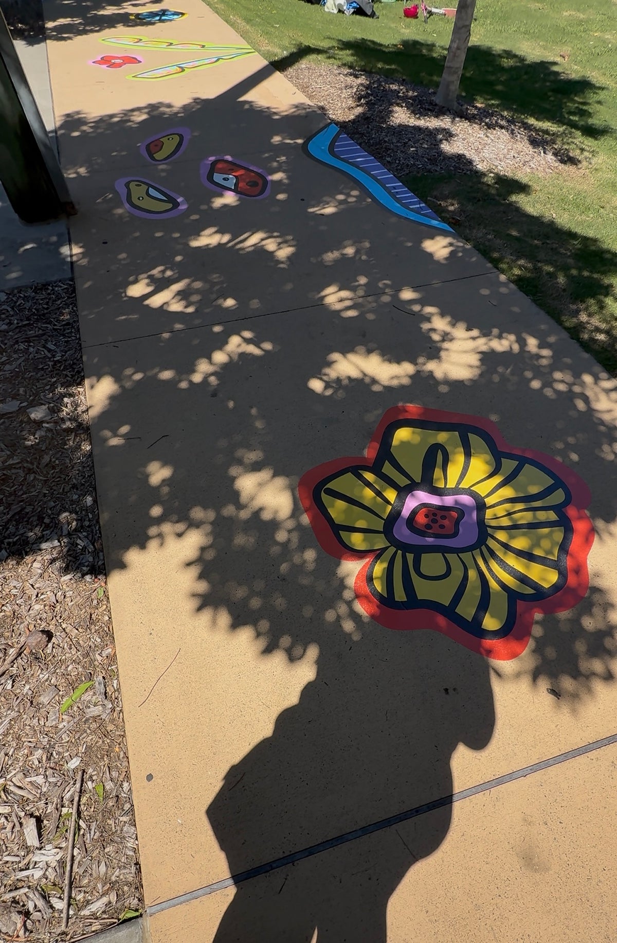 Colourful vinyl footpath mural in Samford QLD by MZ LEW. 