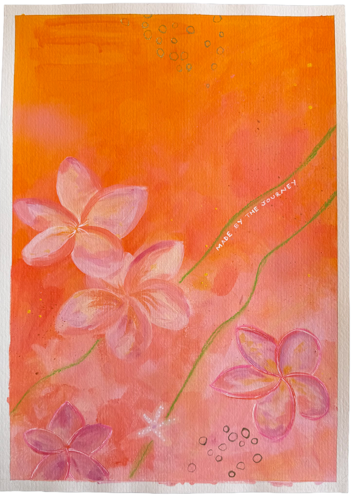 An abstract floral artwork featuring pink plumeria-like flowers on a vibrant orange and pink background, framed by a white border. 1/2 By MZ LEW 2026