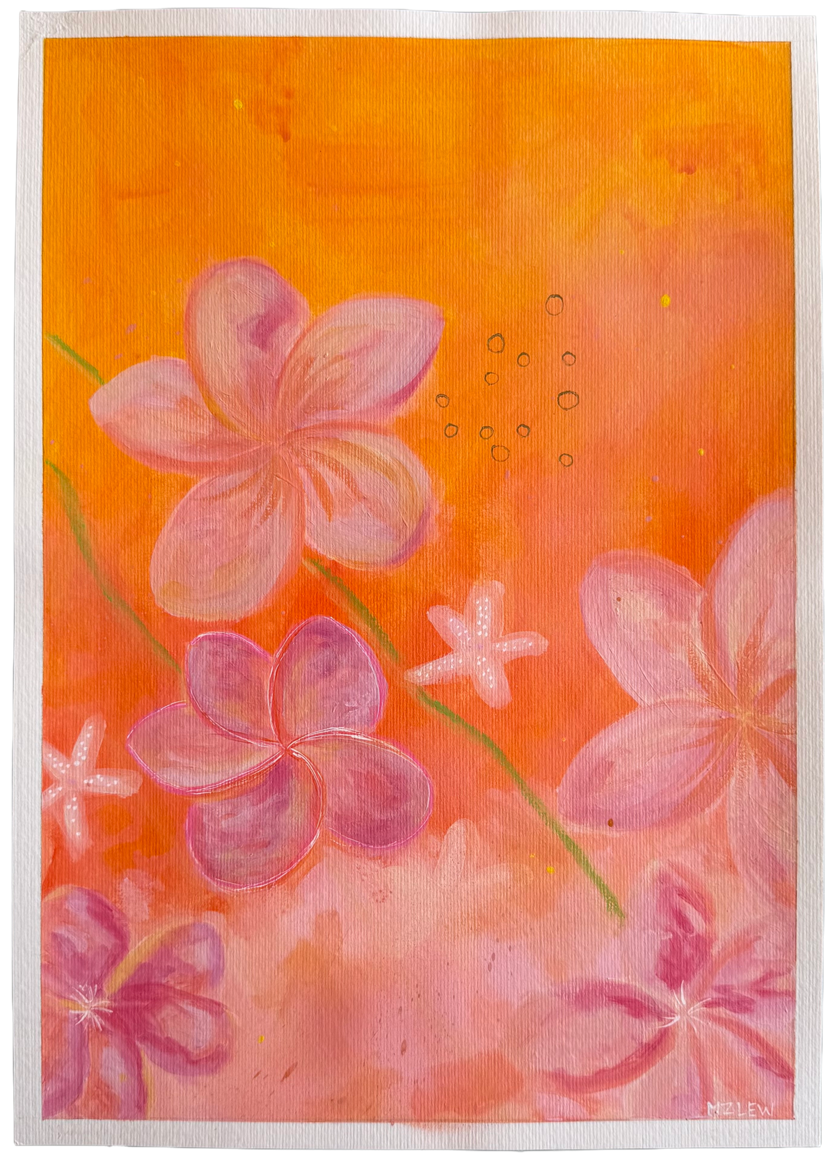 An abstract floral artwork featuring pink plumeria-like flowers on a vibrant orange and pink background, framed by a white border. 2/2 By MZ LEW 2026