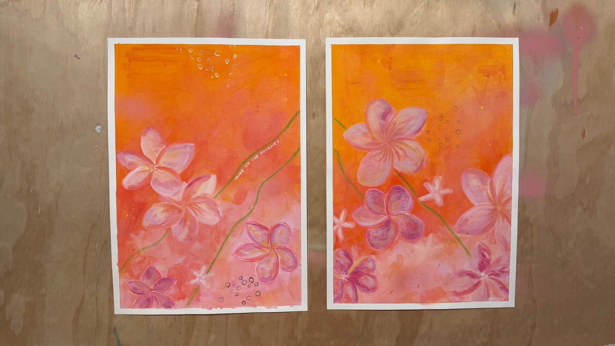 An abstract floral artwork featuring pink plumeria-like flowers on a vibrant orange and pink background, framed by a white border. By MZ LEW 2026