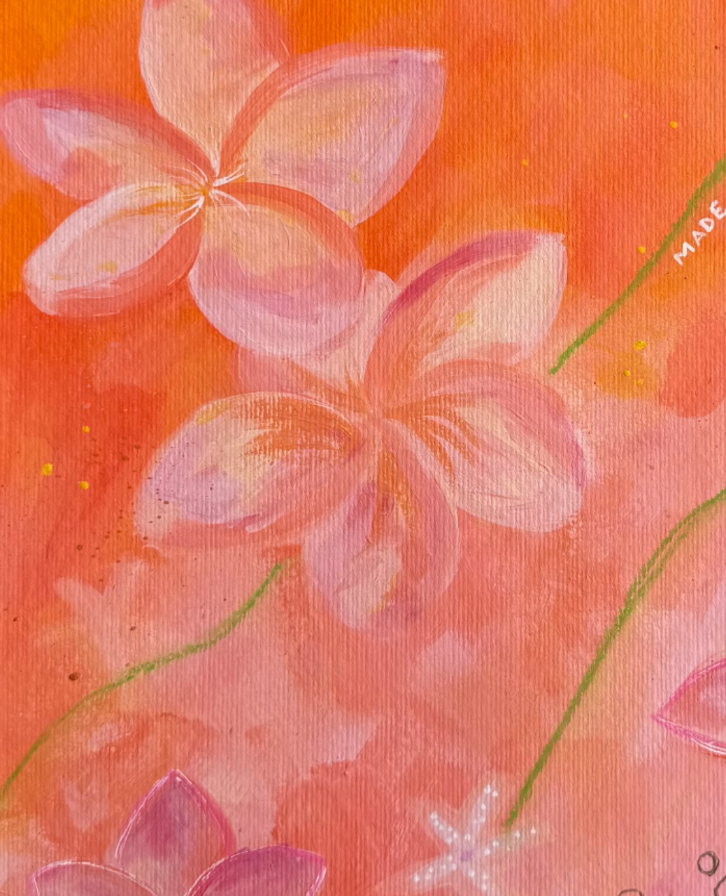 Close up image of pink and orange abstract flower art by MZ LEW.