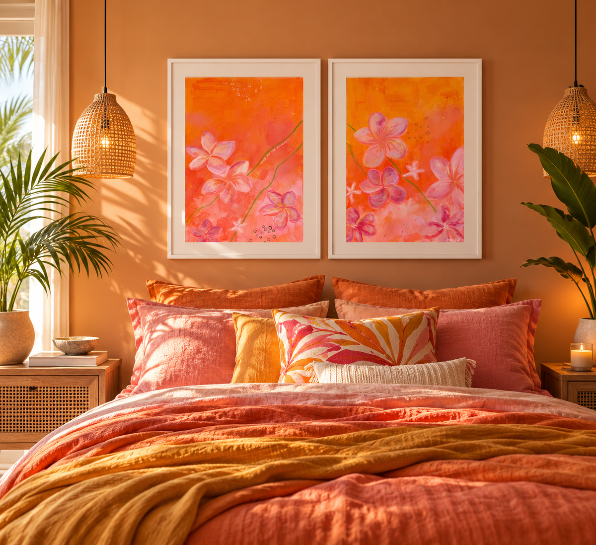 An abstract floral paper artwork featuring pink plumeria-like flowers on a vibrant orange and pink background, framed by a white border. By MZ LEW 2026