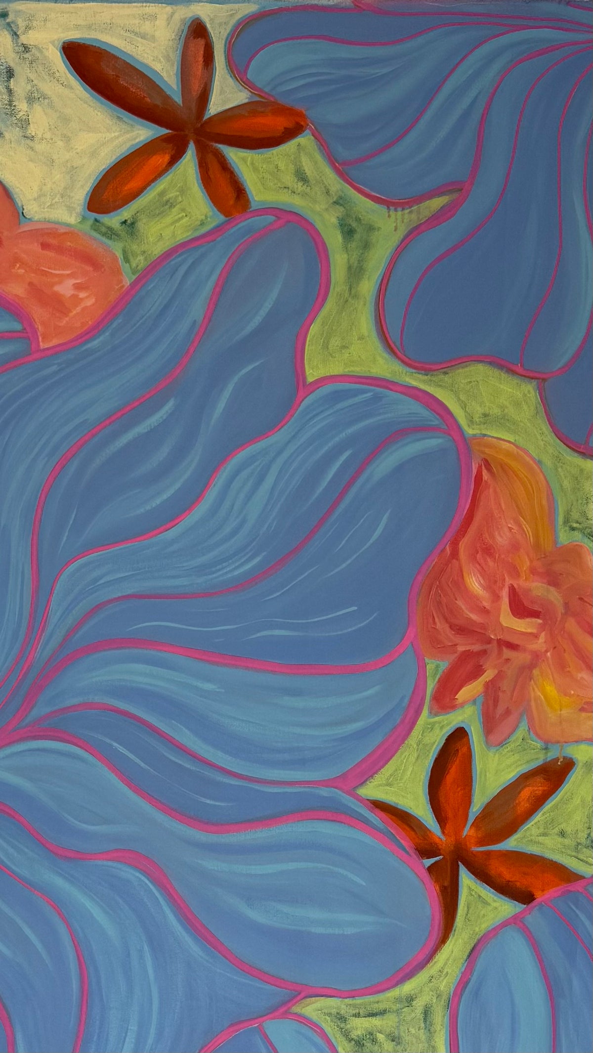 Blue, orange and red botanicals on a green background - close up of larger artwork titled 'Trust' by MZ LEW.