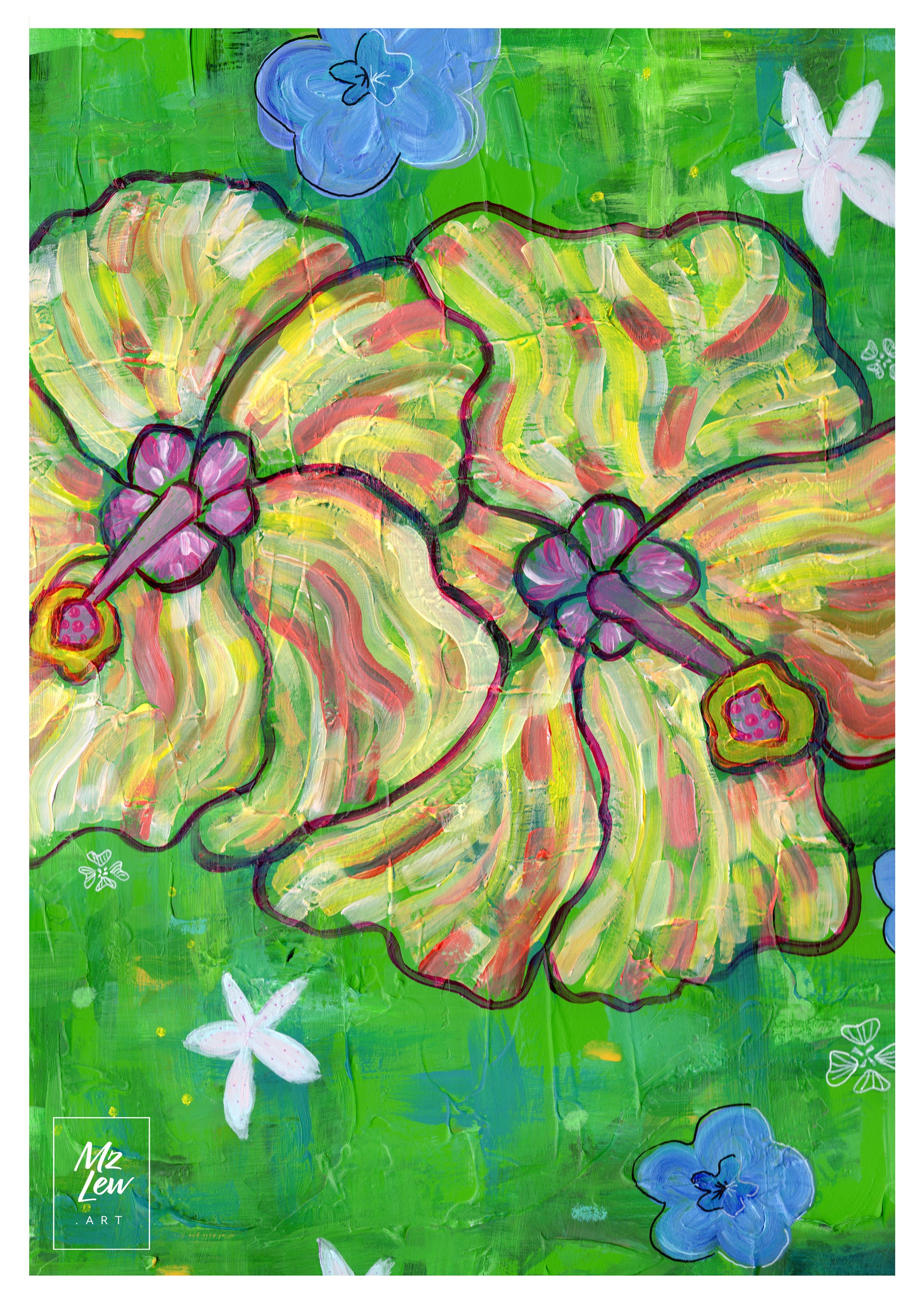 Never Give Up print containing two bright yellow and pink hue hibiscus flowers. Copyright Mz Lew Art 2024