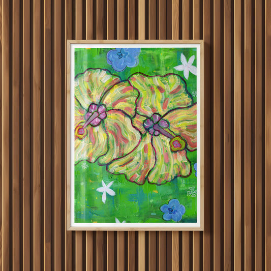 Insitu Never Give Up art print framed hanging on a wooden panelled wall. Artwork contains two bright yellow and pink hue hibiscus flowers. Print by MZ LEW ART copyright 2024.